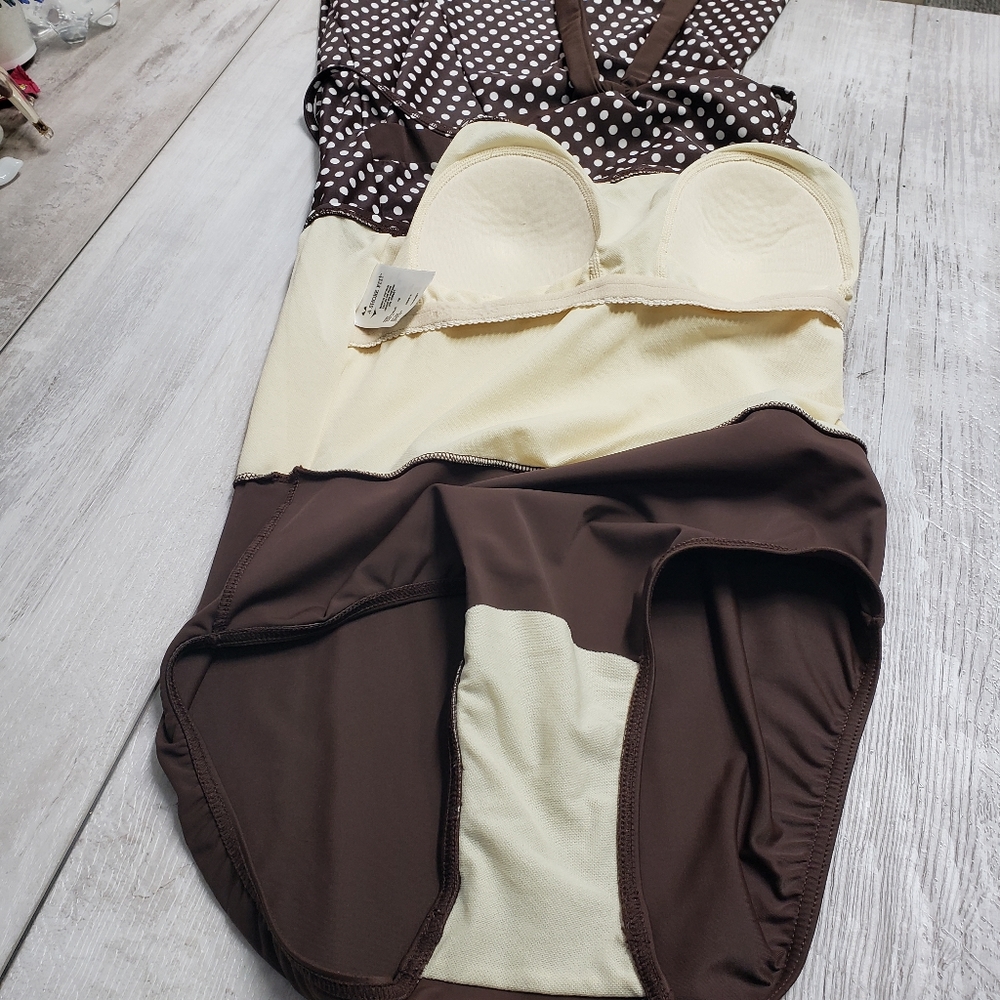 A Shore Fit Swimdress 10 Thigh Solutions One Piece Brown Polka Dot Swim Retro - Picture 12 of 14